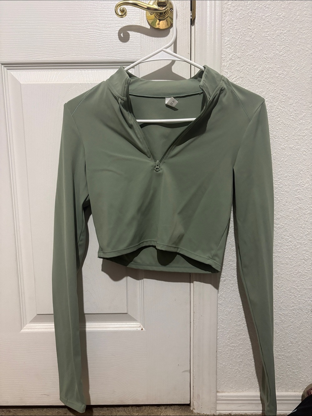 Long-Sleeve Cropped Quarter-Zip Top in Sage Green
